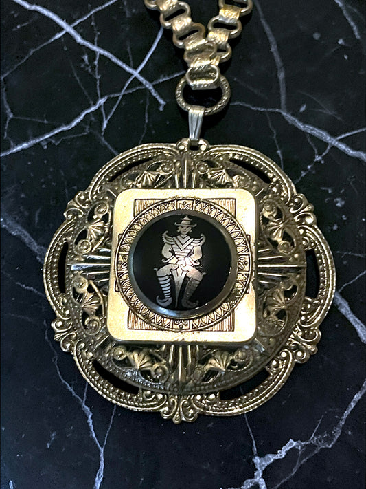 Siam Nielloware Warrior Silver Embossed Victorian Bookchain Pendant Necklace