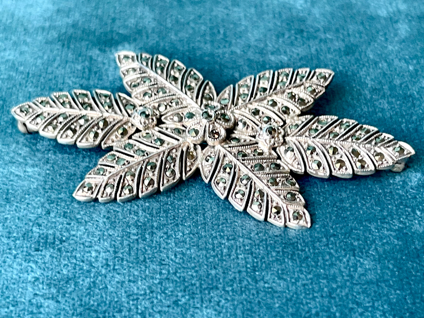 Sterling Silver & Marcasite Flower & Leaves Brooch