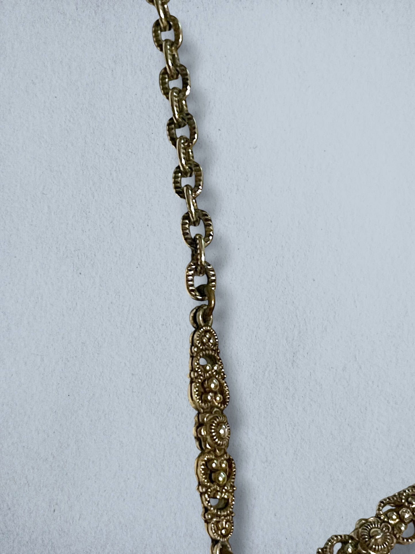 West German Amber Art Glass Cameo, Pearl Brass Filigree Necklace