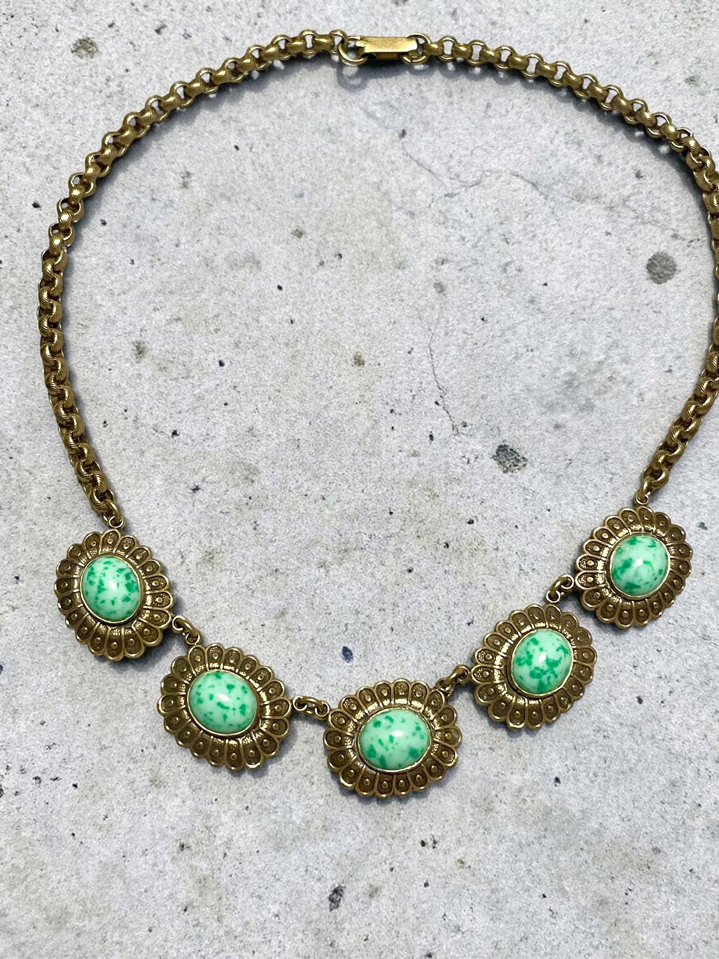 Art Nouveau Czech Peking Green Jade Art Glass Necklace