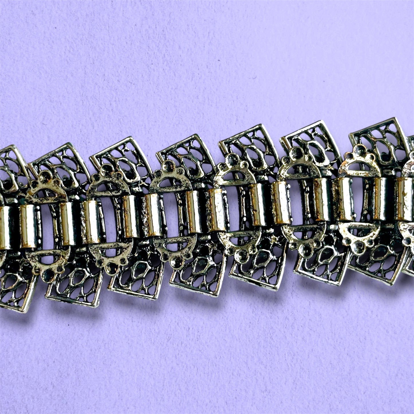 Victorian Booklink Chain Silver Filigree Openwork Pink Crystal & Turquoise Art Glass Panel Bracelet
