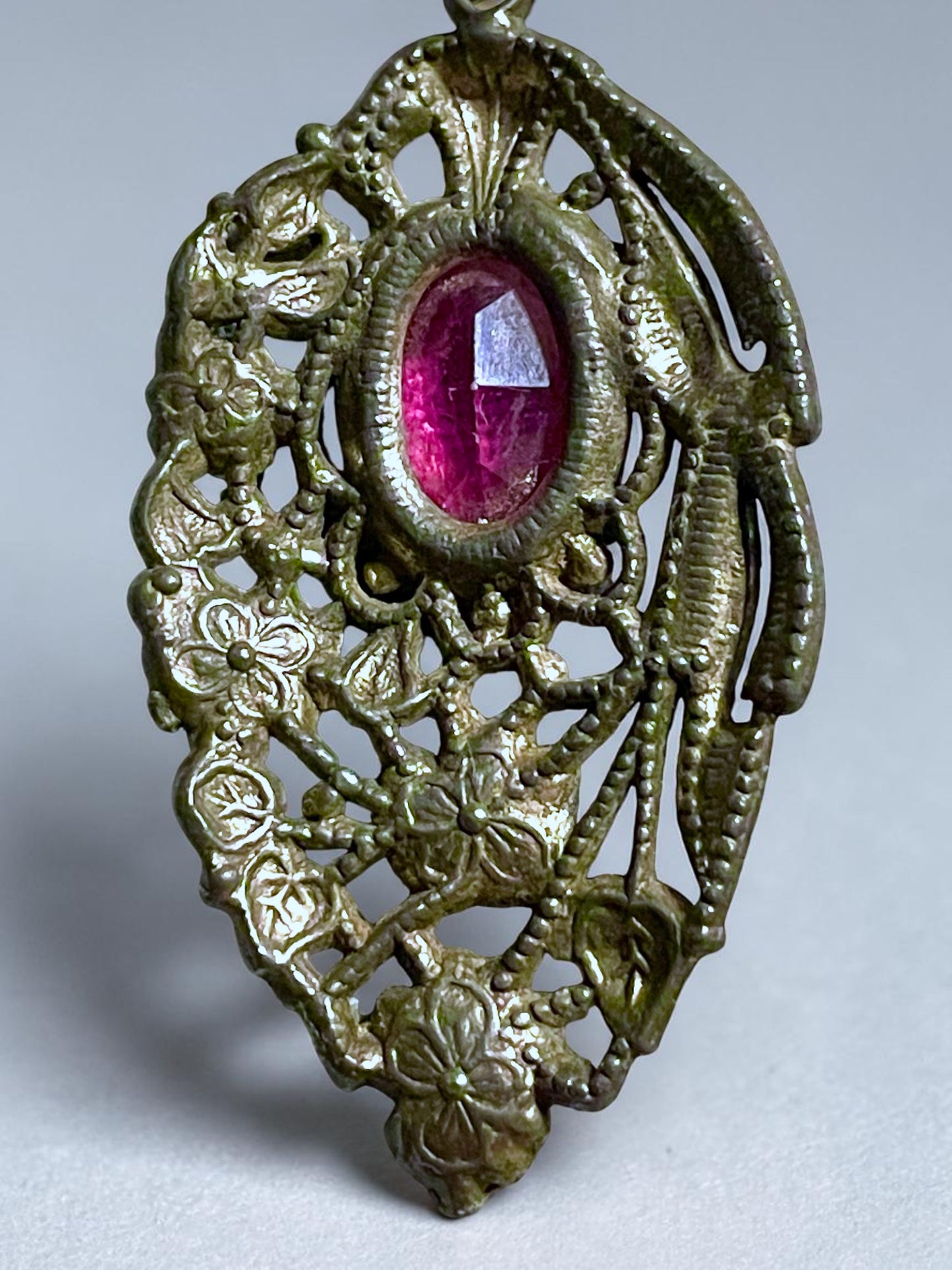 Art Nouveau Pink Paste Stone Pastel Floral Crystal Pendant Necklace