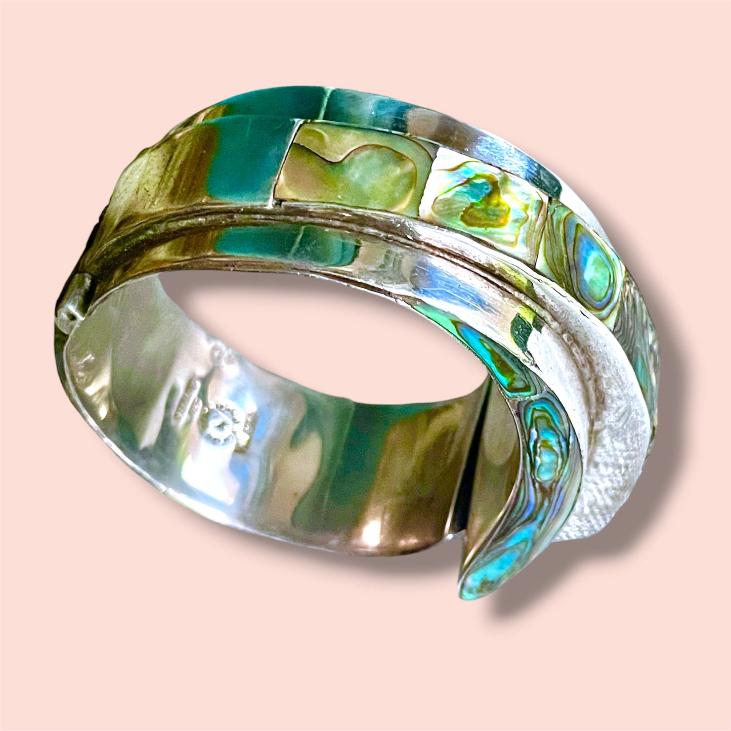 Taxco Sterling Ailver 925 Villisana Designer Abalone Hinged Clamper Bangle Bracelet
