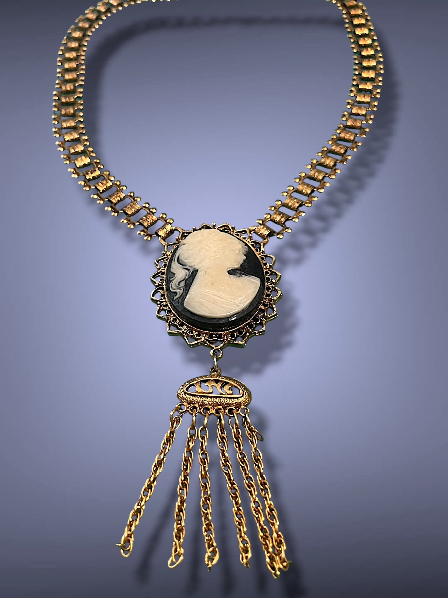 Victorian Gold Book Link Chain Black & Cream Mourning Cameo Designer Signed Necklace