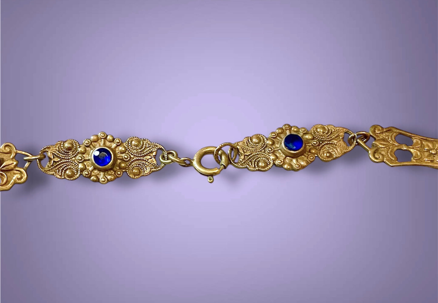 Czechoslovakian Brass Art Nouveau Floral & Flourish Lapis Blue Art Glass & Sapphire Crystal Necklace