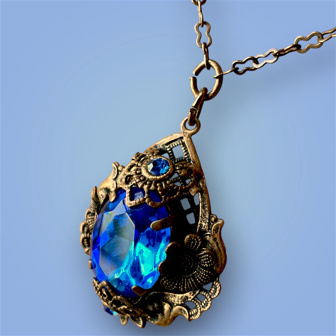 Art Nouveau Czechoslovakian Brass Filigree Royal Blue Crystal Necklace
