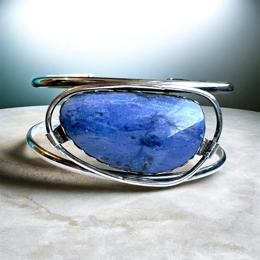 Antique Sterling Silver Sodalite Gemstone Free Bezel Set Chunky Cuff Bracelet