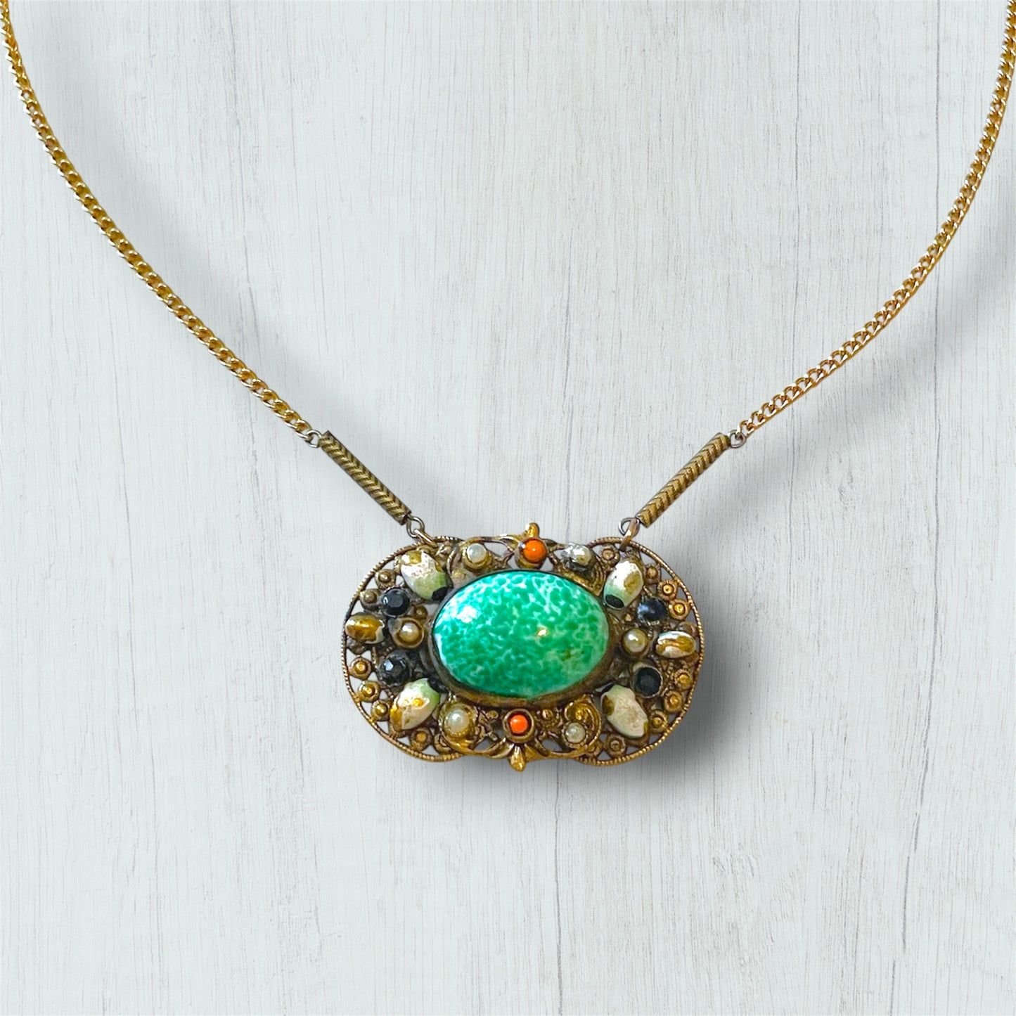 Art Nouveau Czechoslovakian Brass Filigree Jade Peking Art Glass Necklace