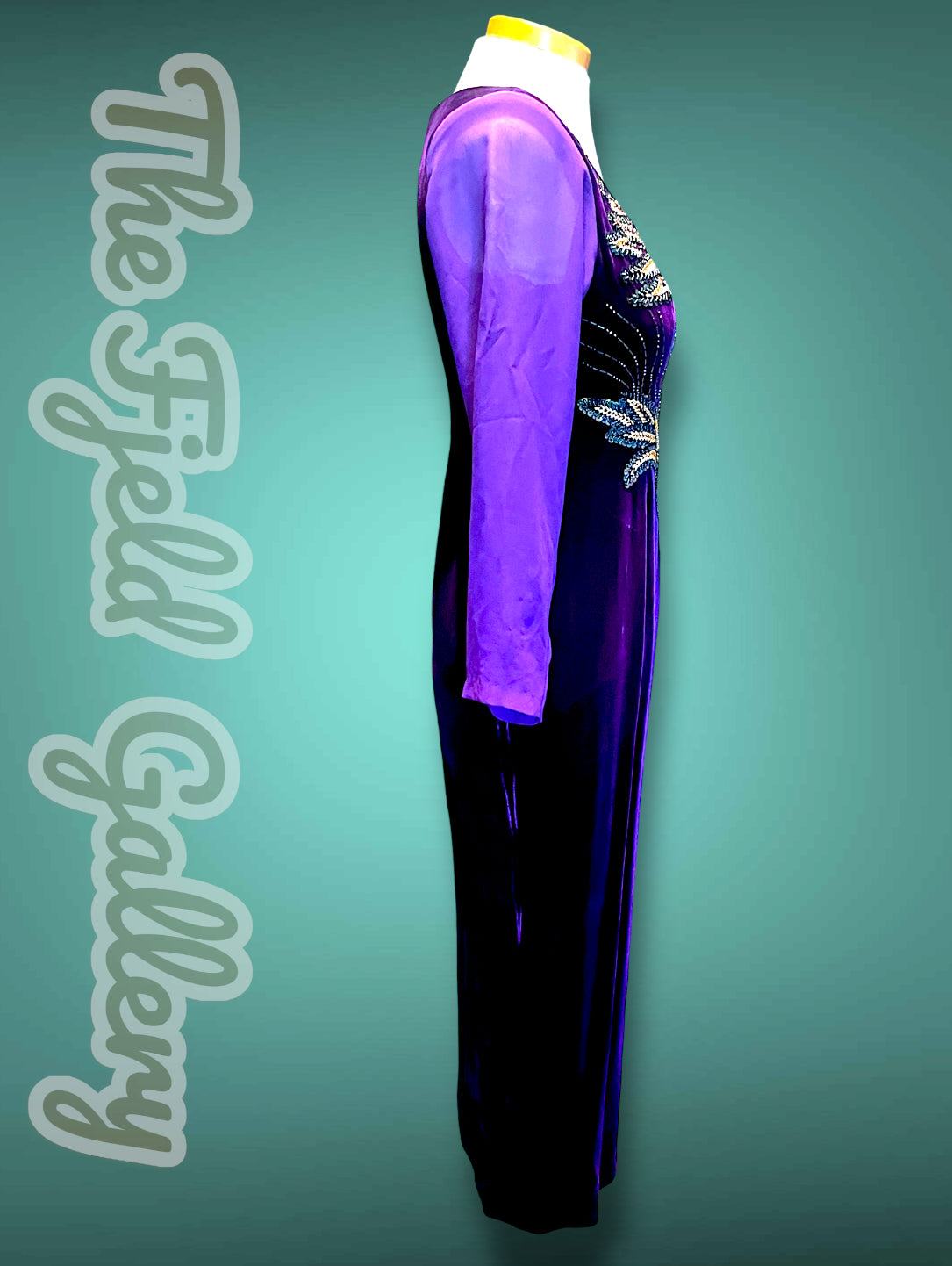 Deep Purple Velvet & Sheer Aurora Borealis Sequin Maxi Gown Dress