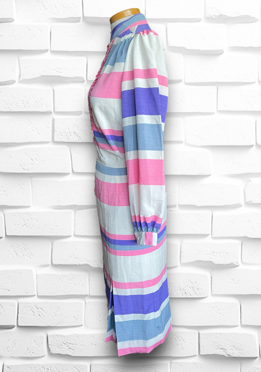 Vintage 1960’s Pink, Purple, White & Grey Striped Skirt & Long Sleeve Ruffle Shirt Set