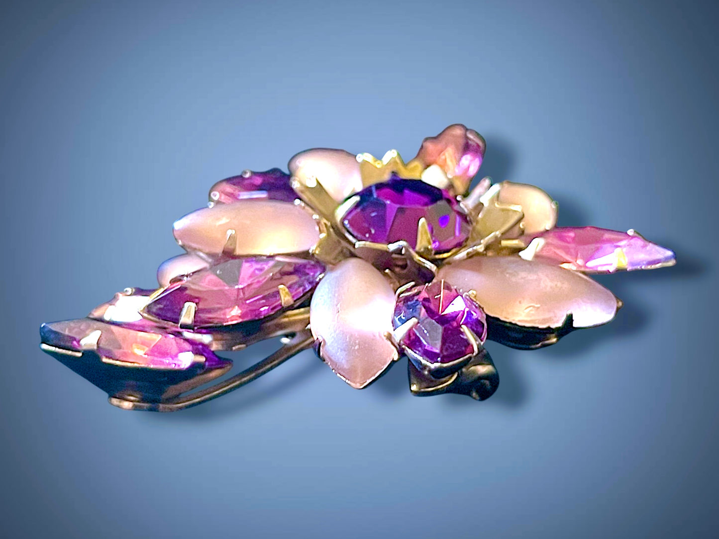 Purple Crystal & Frosted Art Glass Brass Filigree Prong Set Brooch & Earring Demi Parure Set