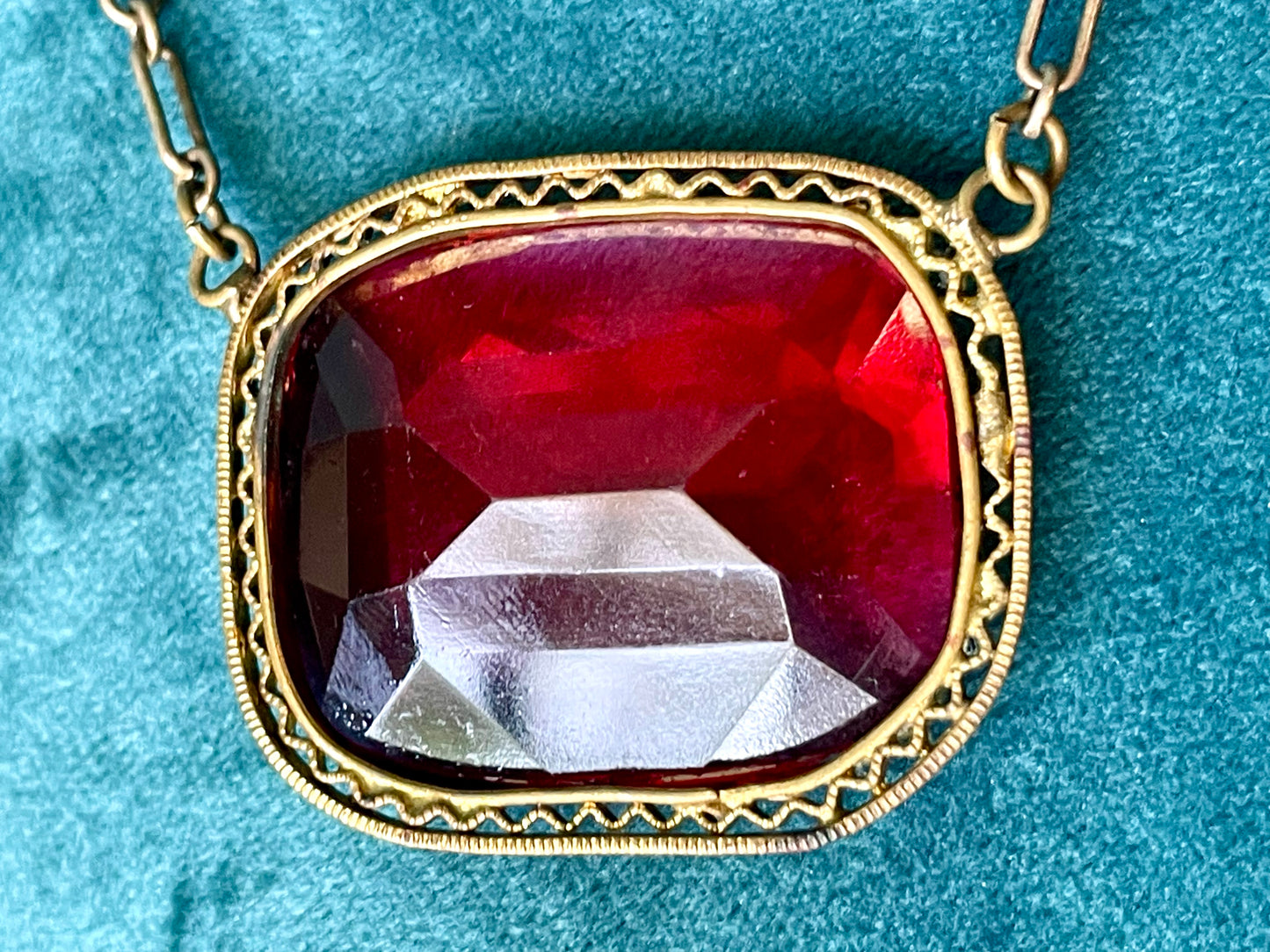 Art Deco Czech Brass Filigree Ruby Red Crystal Choker Necklace