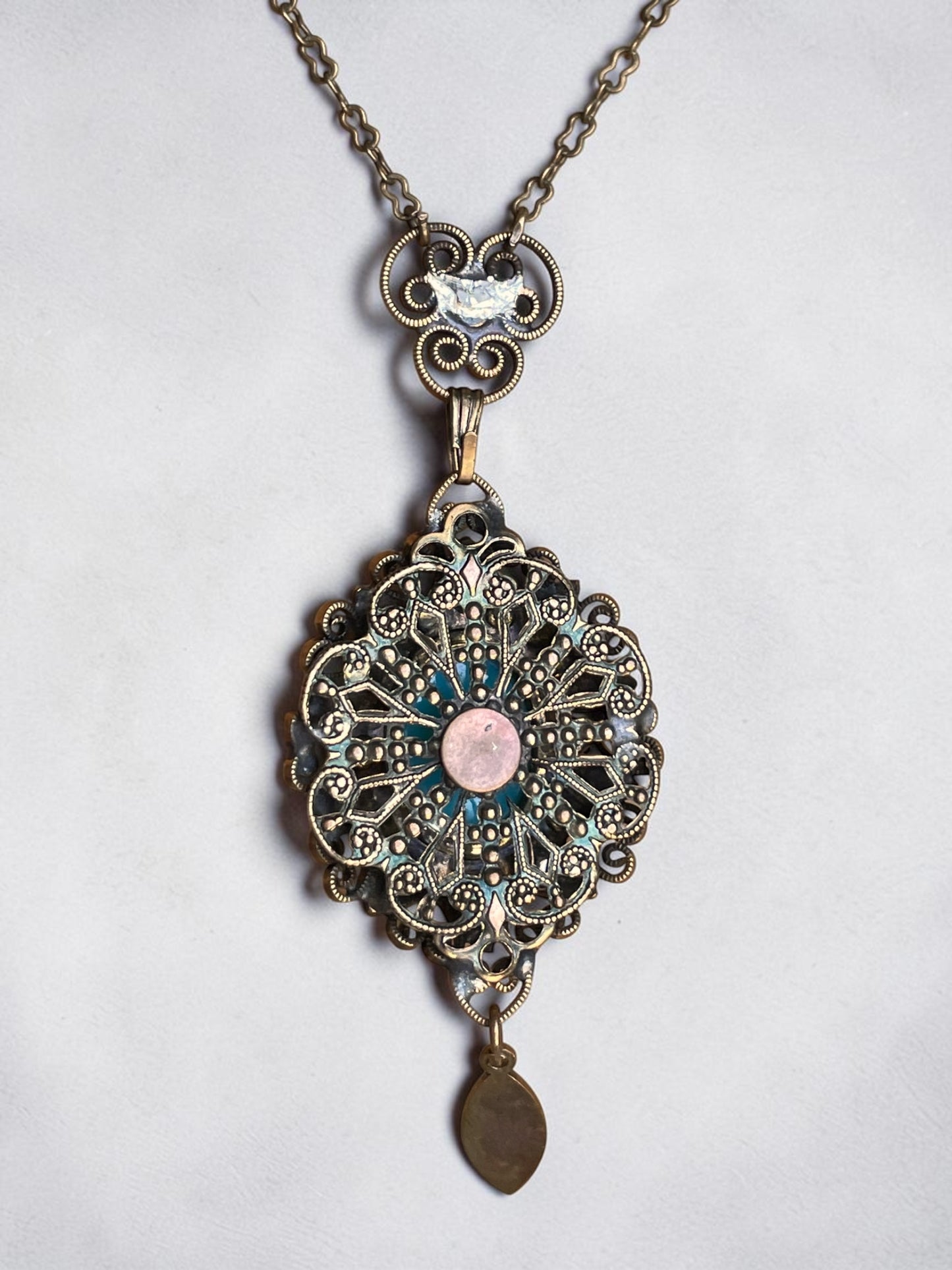 Art Nouveau Brass Filigree Turquoise Art Glass & Royal Blue Enamel Pendant Necklace