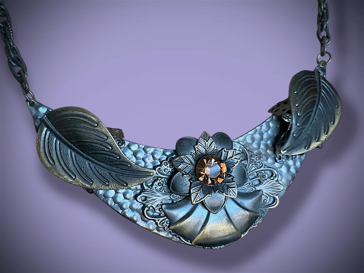 Art Nouveau Hand Hammered Brass & Citrine Crystal Chevron Choker Necklace