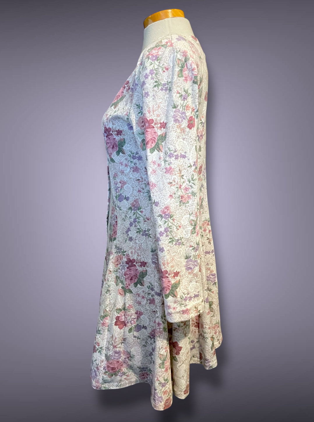 1990’s Pink Floral Rose Print Pearl Button Up Long Sleeve A-Line Dress