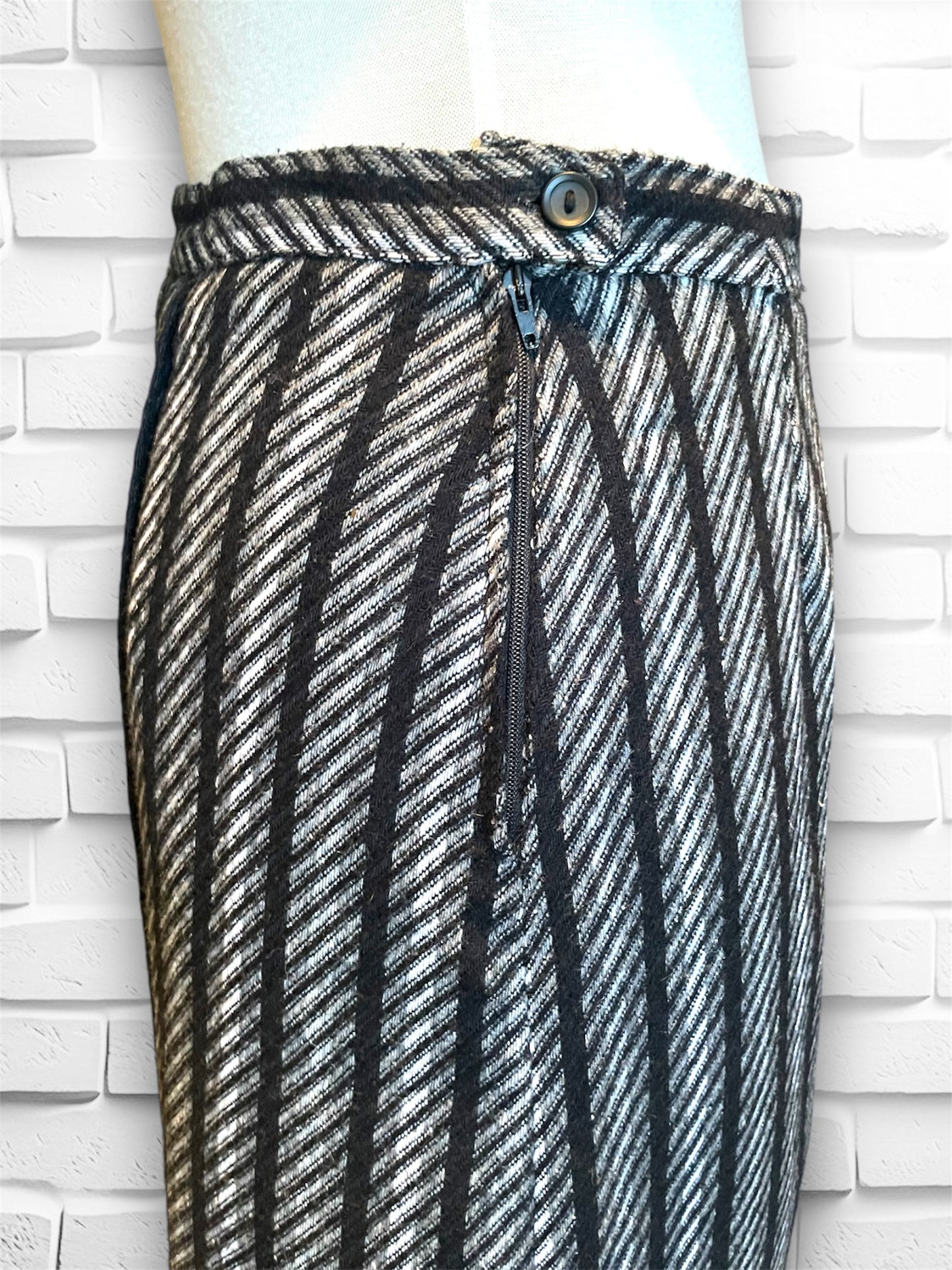 Vintage Grey & Black Geometric Stripe A Line Midi Skirt