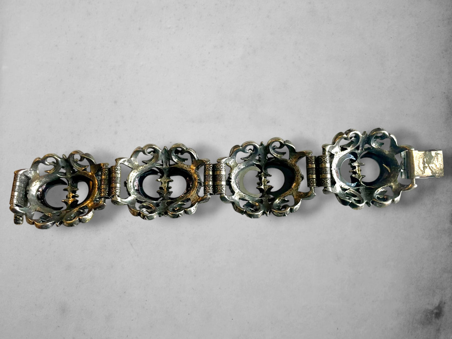 Victorian Booklink Chain Black Crescent Moon Crystal Panel Bracelet