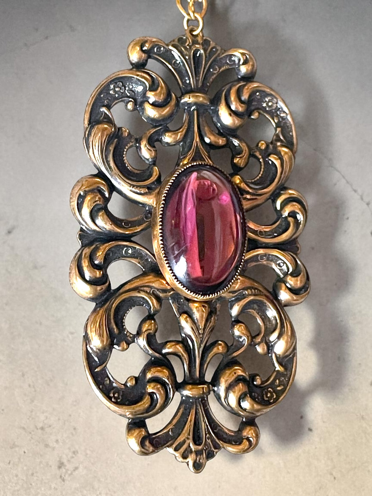 Art Nouveau Ornate Brass Purple Art Glass Pendant Necklace