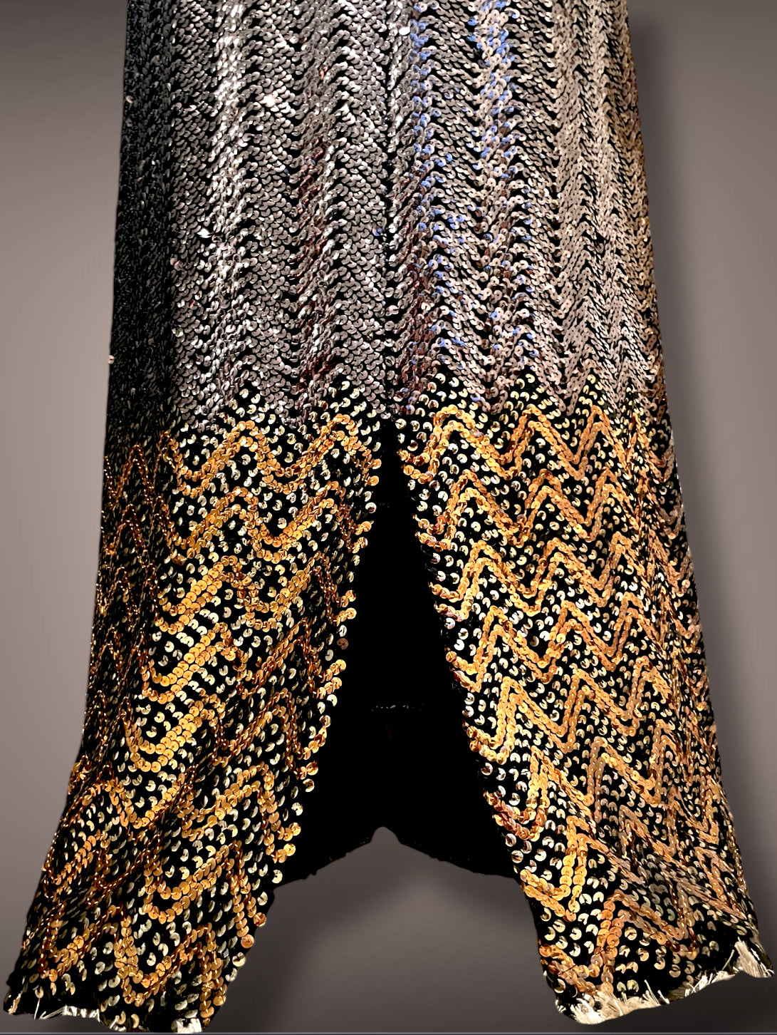 Gorgeous 1960’s Calderón Designer Black Long Sleeve Silver, Gold & Copper Metallic Sequin Maxi Dress