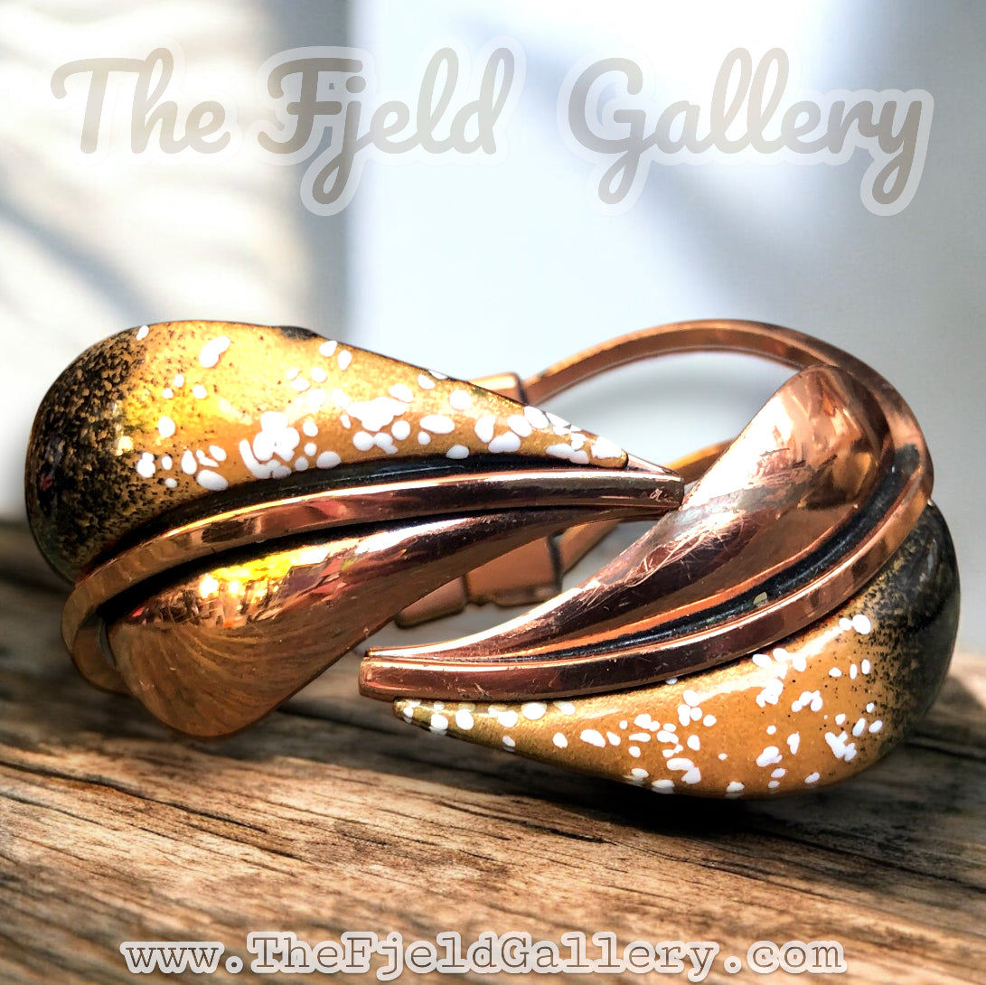 1940’s Vintage Renoir Matisse Copper & Enamel Leaf Bypass Clamper Bangle Bracelet