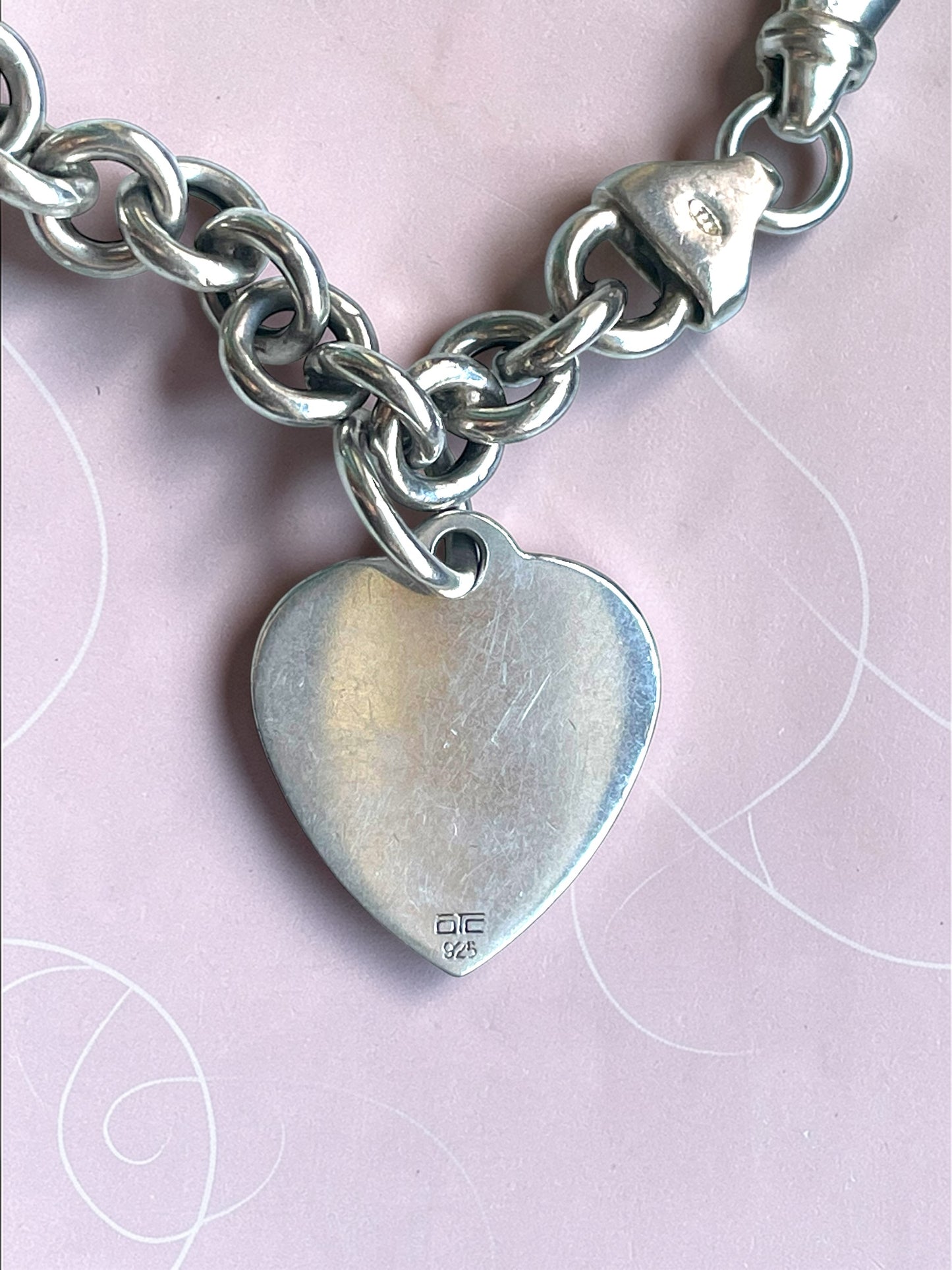 Vintage Solid Sterling Silver OTC Wide Rolo Chain Engravable Heart Charm Bracelet