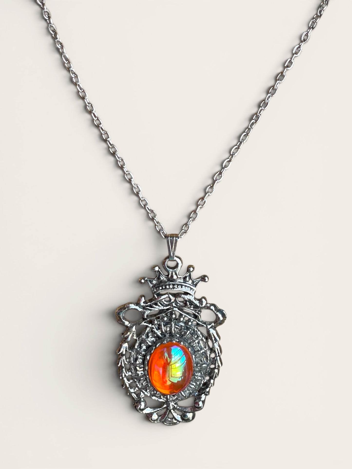 Royal Regency Orange Pink Carnival Art Glass Silver Crown & Garland Pendant Necklace