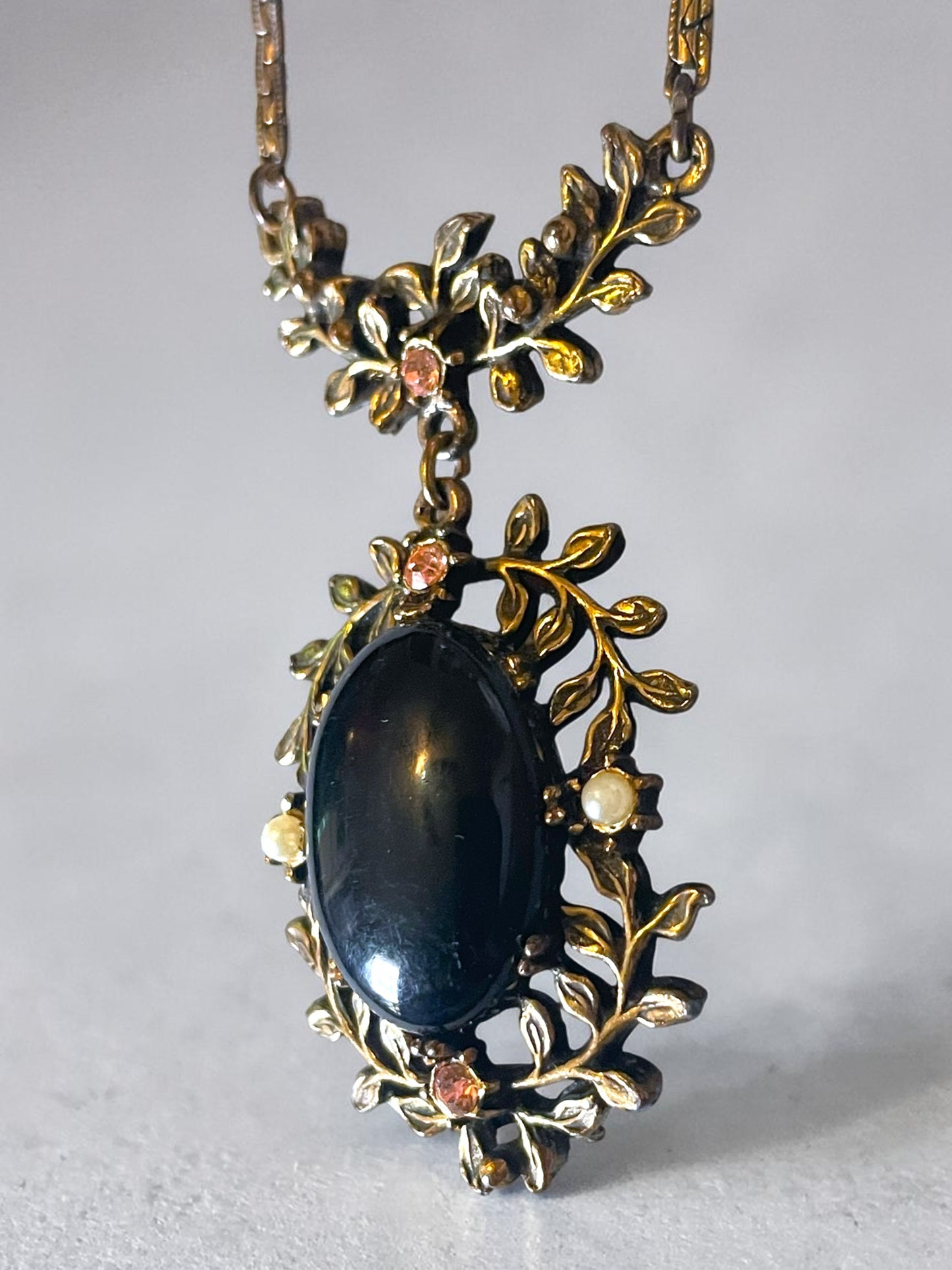 Art Nouveau Brass Leaf Garland Black Art Glass, Pink Crystal & Pearl Necklace