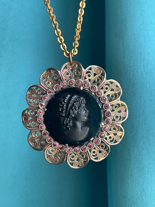Czechoslovakian Brass Filigree, Purple Crystal, Black Art Glass Mourning Cameo Necklace