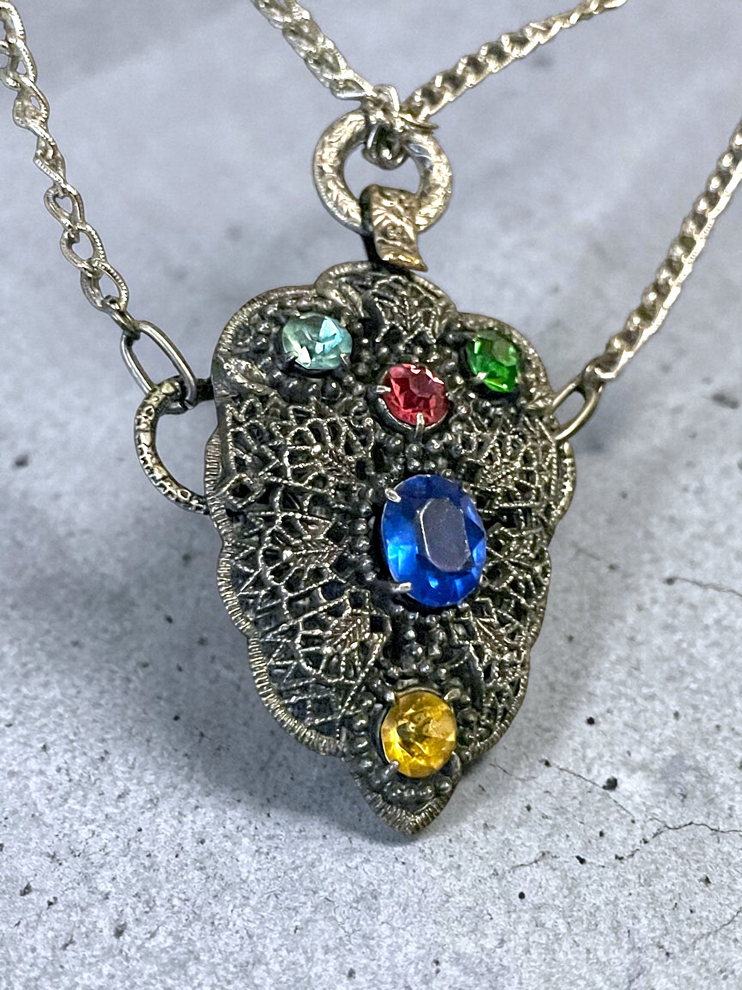 Czech Silver Filigree Fruit Salad Multi-color Leaded Past Stone Crystal Saphire, Emerald, Aquamarine, Ruby & Citrine Festoon Necklace