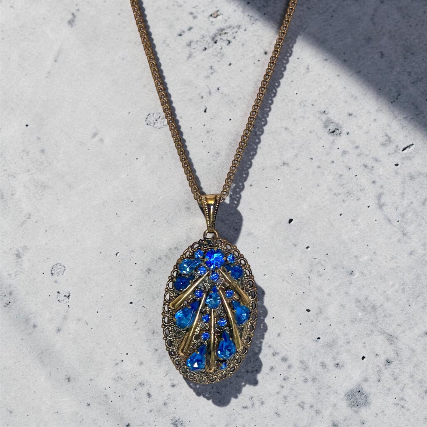 Antique Czech Brass Filigree Sapphire Prong Set Blue Crystal Pendant Necklace