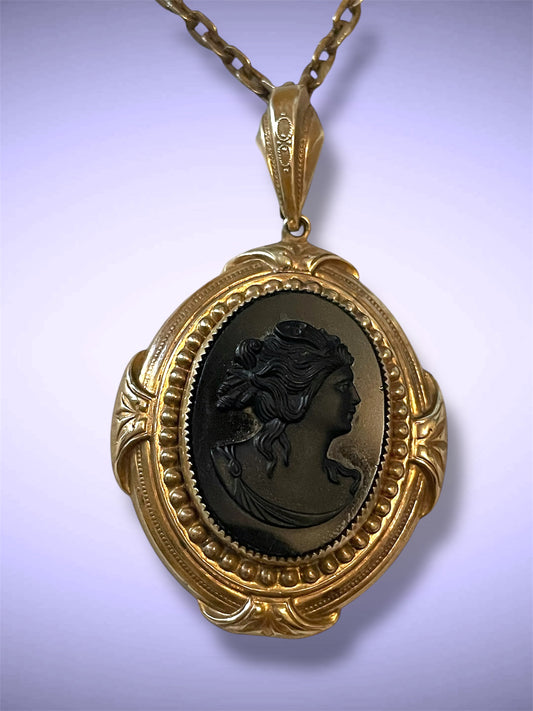 Antique Victorian Gilded Brass Repoussé Hollowwork Black Mourning Cameo Necklace