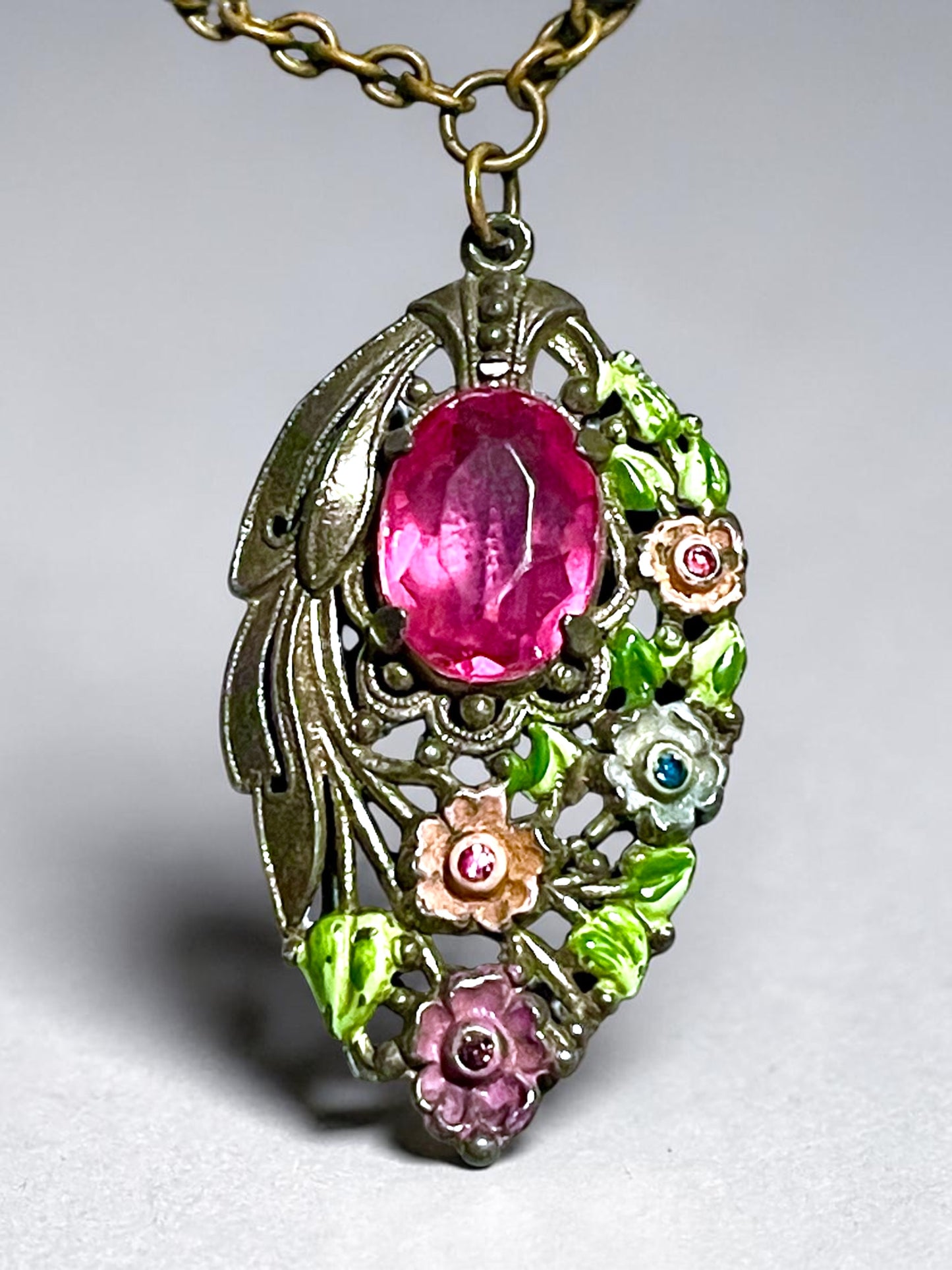 Art Nouveau Pink Paste Stone Pastel Floral Crystal Pendant Necklace