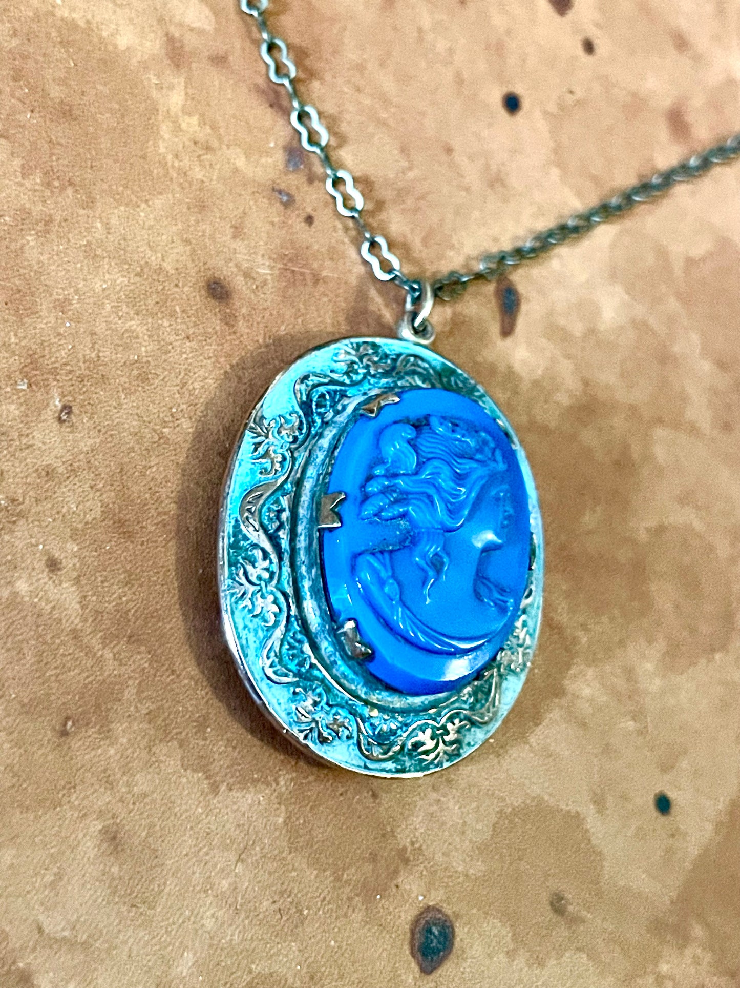 Art Nouveau Brass & Green Enamel Blue Art Glass Cameo Locket Necklace