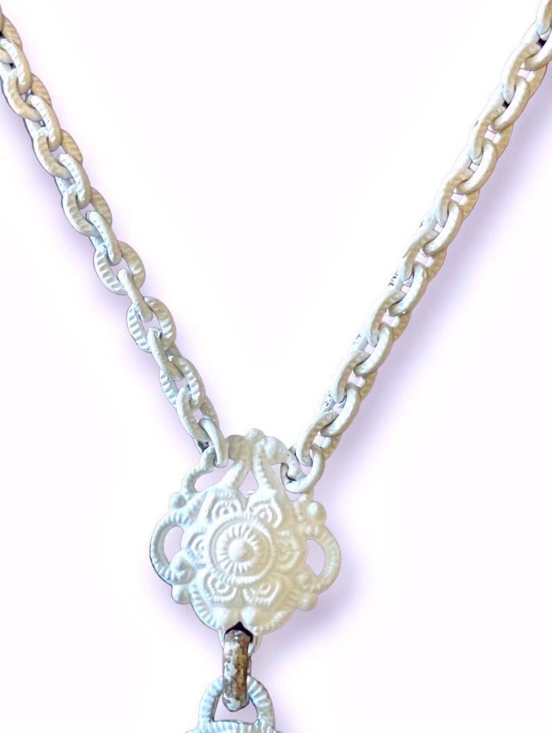White Enamel West German Fruit Salad Pink & Green Crystal Floral Bouquet Porcelain Limoge Cameo Necklace