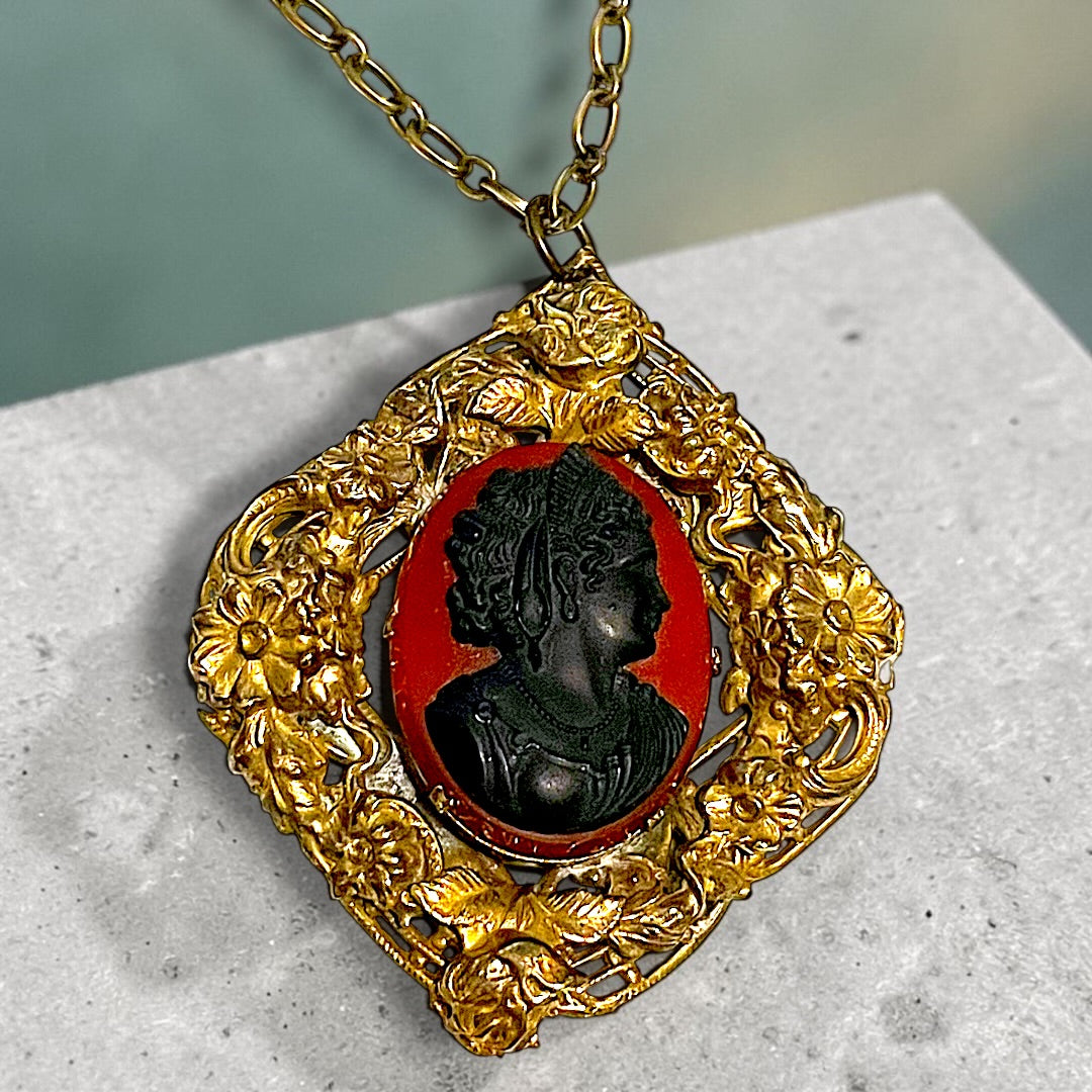 Huge Red & Black Art Glass Cameo Gilded Brass Repoussé Art Nouveau Floral Frame Pendant Necklace