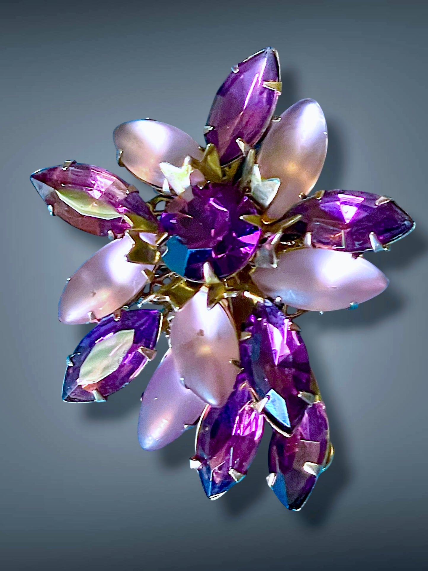 Purple Crystal & Frosted Art Glass Brass Filigree Prong Set Brooch & Earring Demi Parure Set