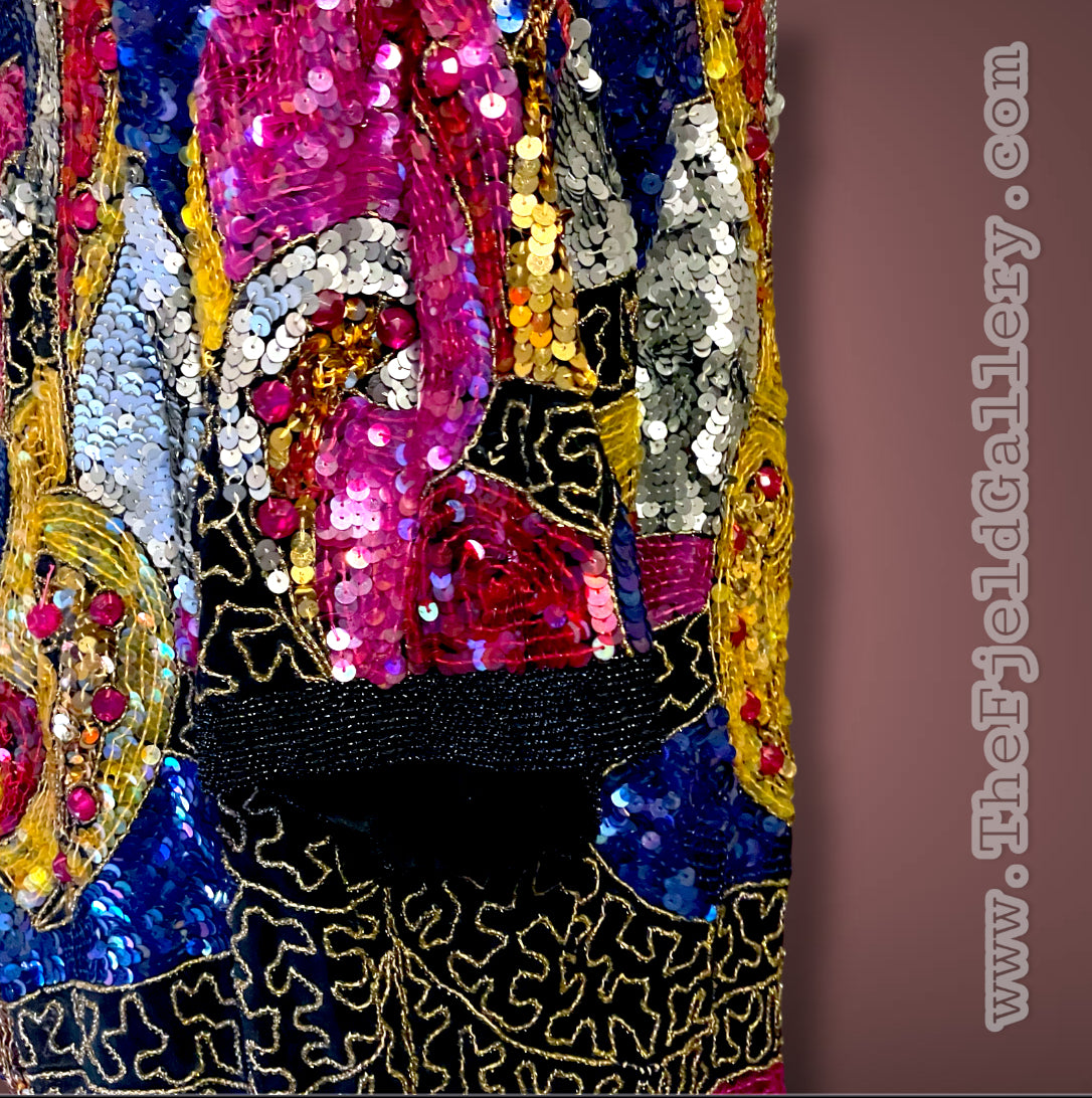 1970’s 100% Silk Sequin, Glass Seed Bead & Rhinestone Abstract Rainbow Top