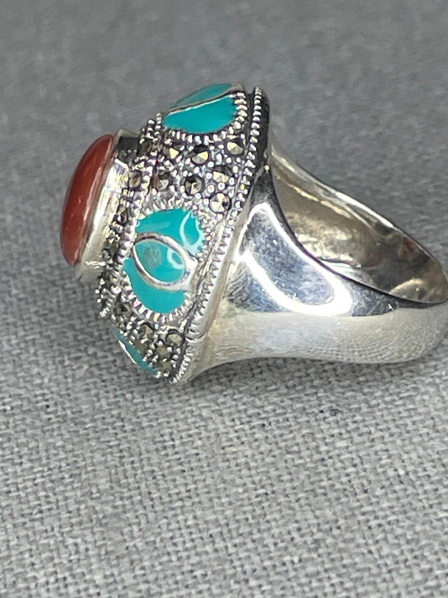 Sterling Silver Red Coral, Turquoise & Marcasite Gemstone Ring