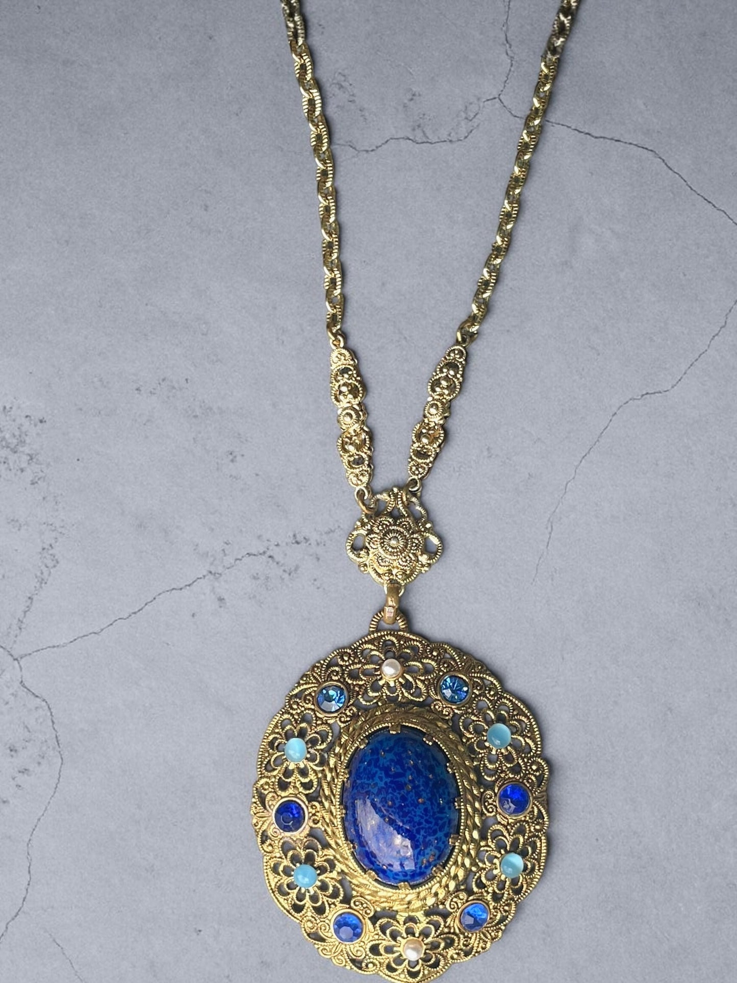 1940’s West German Gilded Brass Filigree Lapis Blue, Cats Eye Art Glass & Pearl Necklace