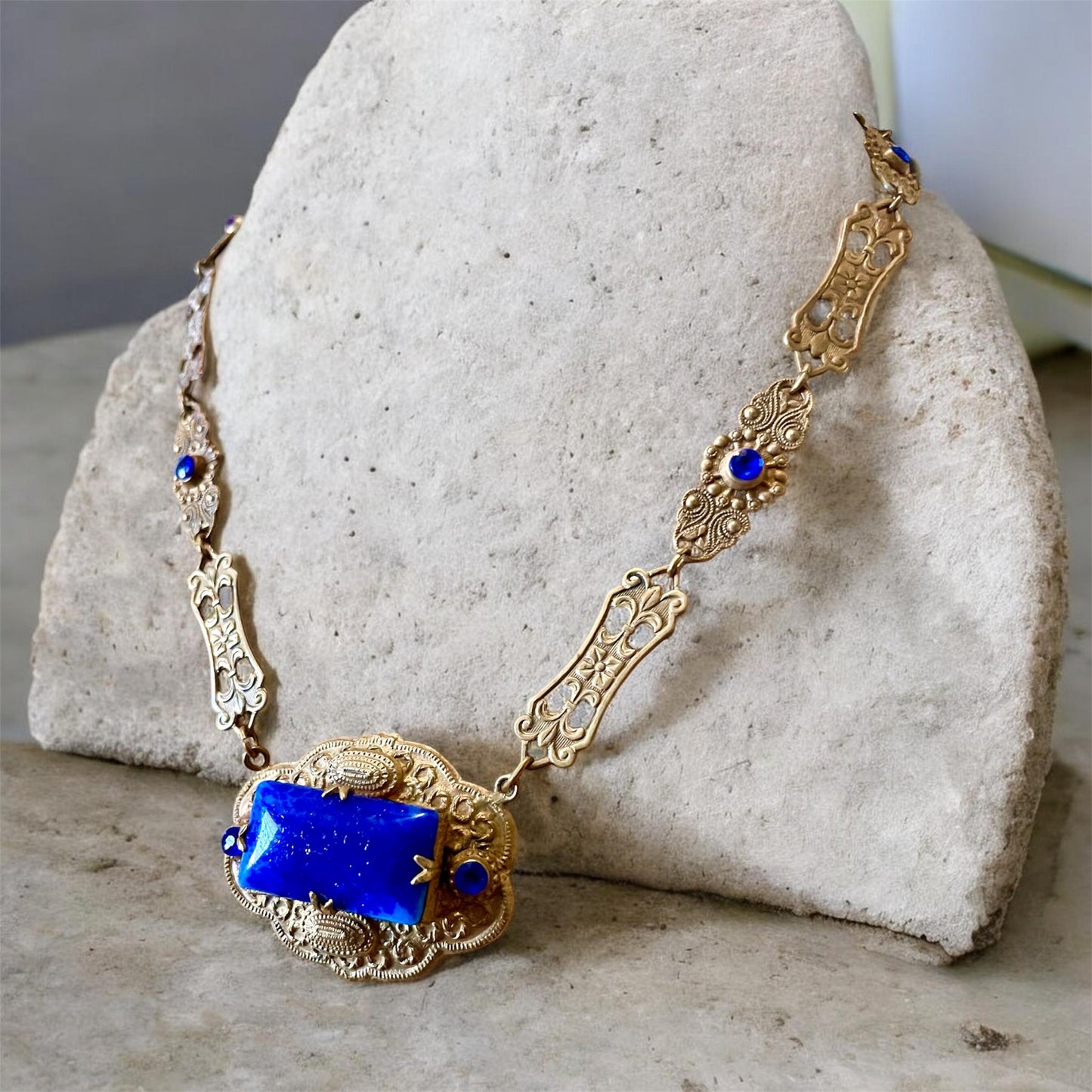 Czechoslovakian Brass Art Nouveau Floral & Flourish Lapis Blue Art Glass & Sapphire Crystal Necklace