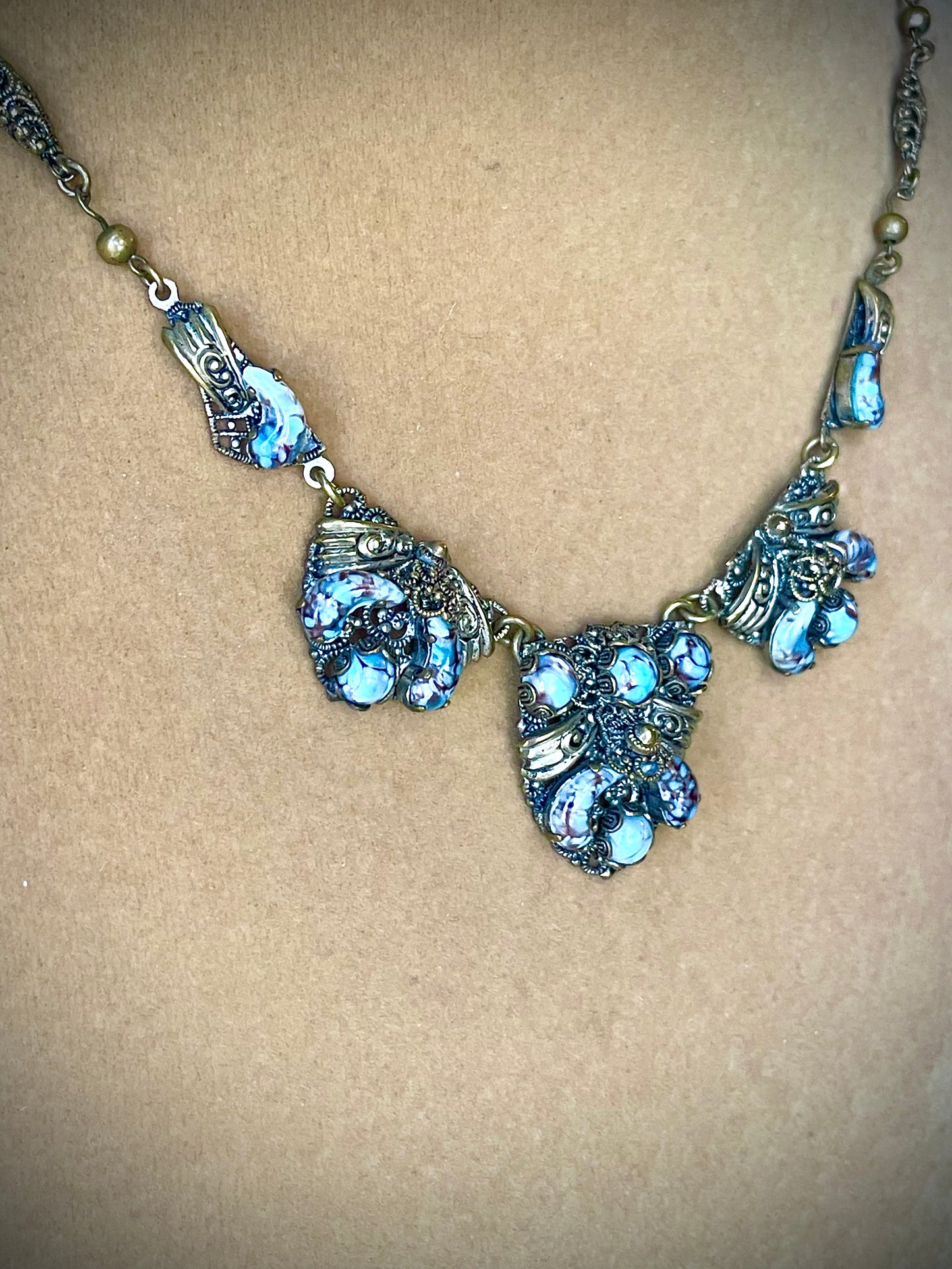 Czechoslovakian Turquoise Hubbell Art Glass Brass Filigree Choker Necklace