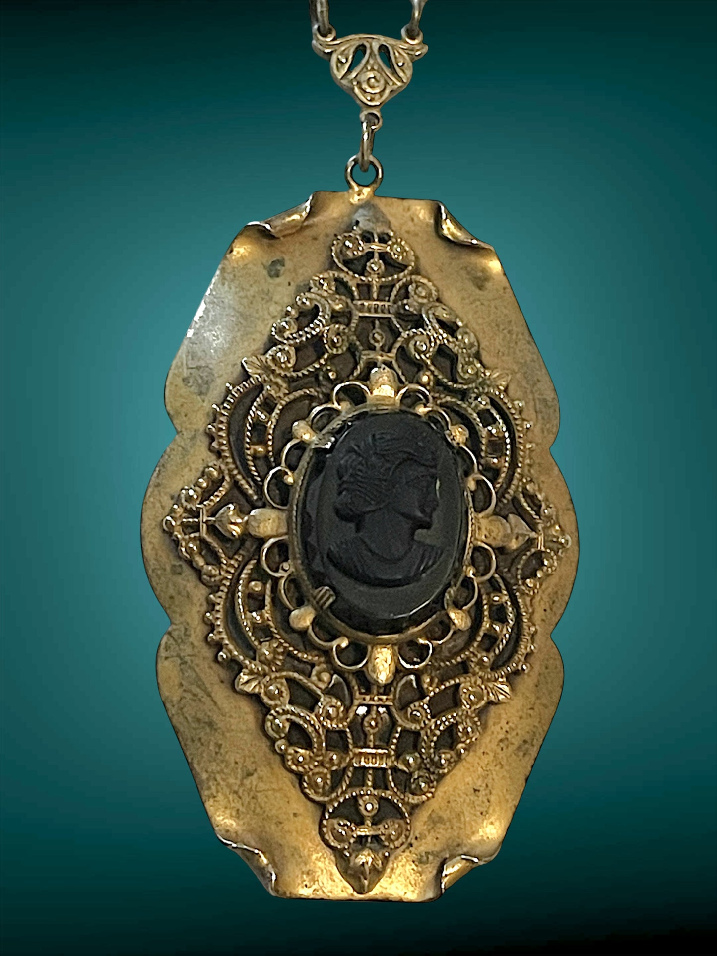 Victorian Black Mourning Cameo Brass Filigree Openwork Stamped Pendant Necklace