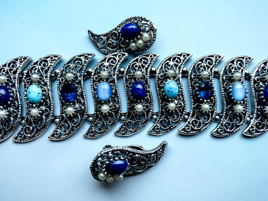 Turquoise, Saphire, Cats Eye Art Glass & Crystal Bookchain Silver Chunky Panel Bracelet & Earring Set