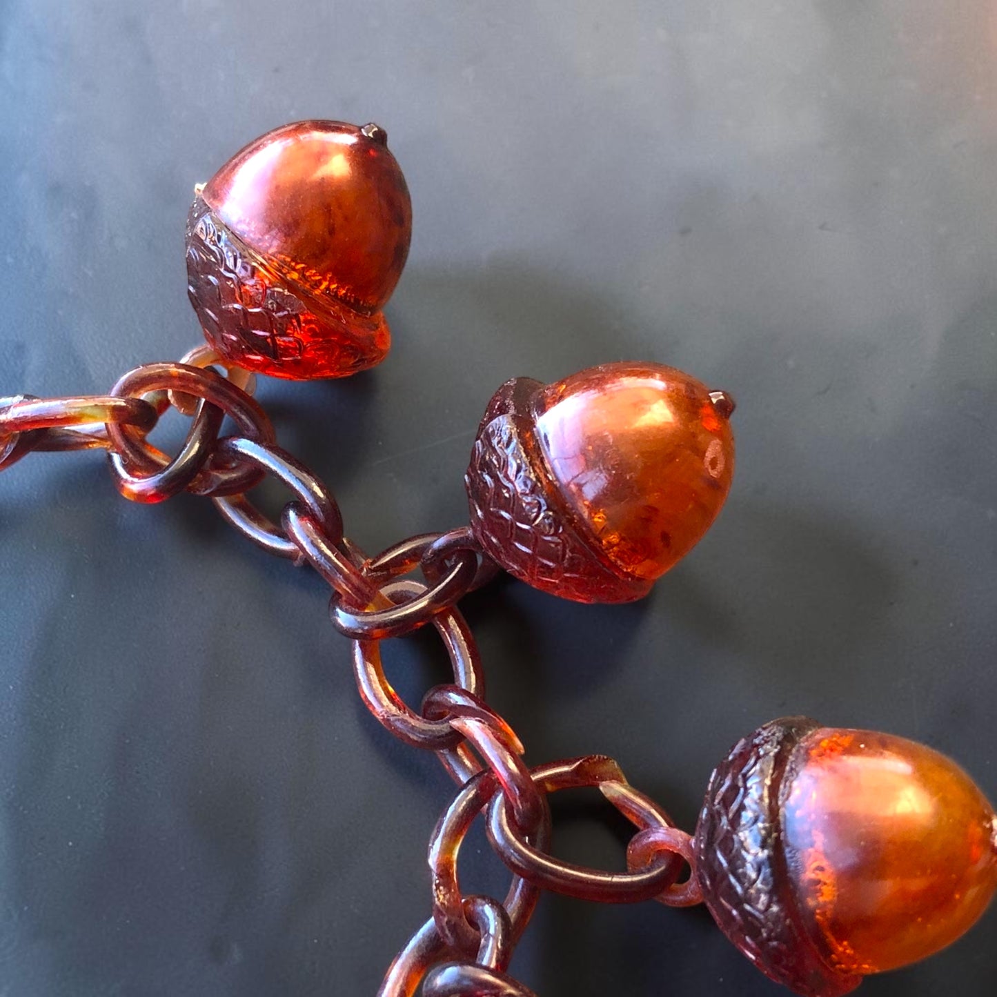 Antique Art Nouveau Early Plastic Hollow Tortoise Shell Acorn Charm Bracelet