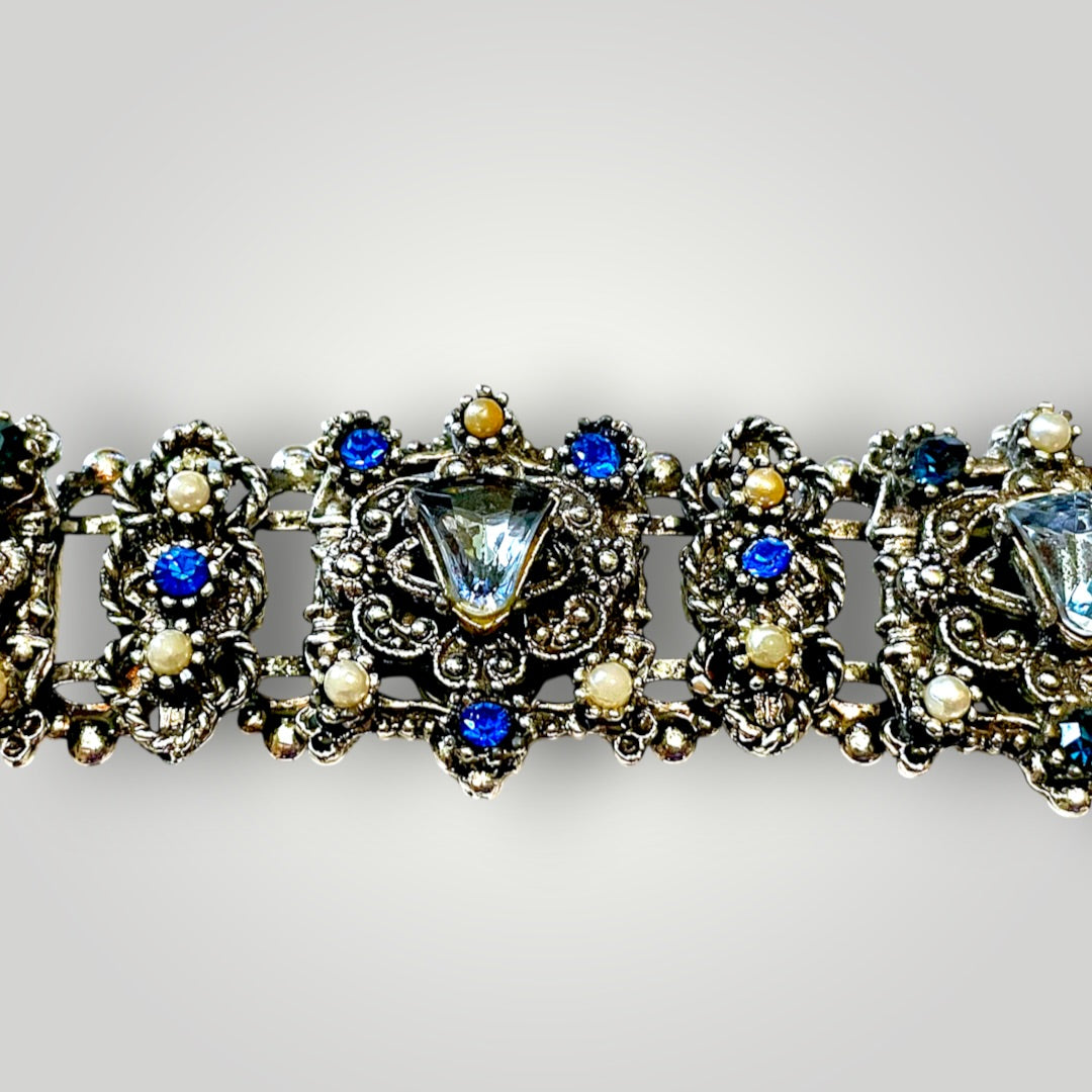 Stunning Multi Blue Crystal & Pearl Victorian Book Link Chunky Bracelet