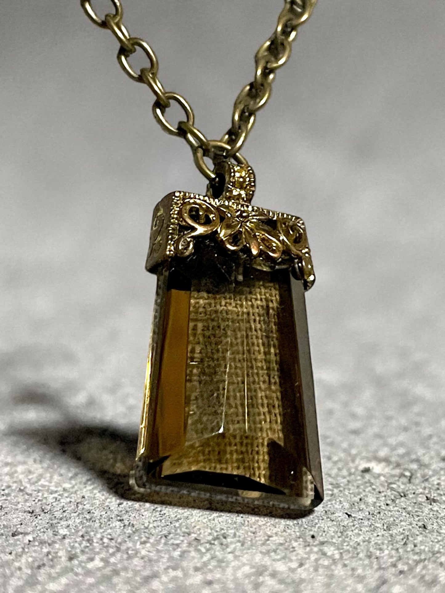 Czechoslovakian Smokey Topaz Pillow Cut Crystal Brass Filigree Necklace