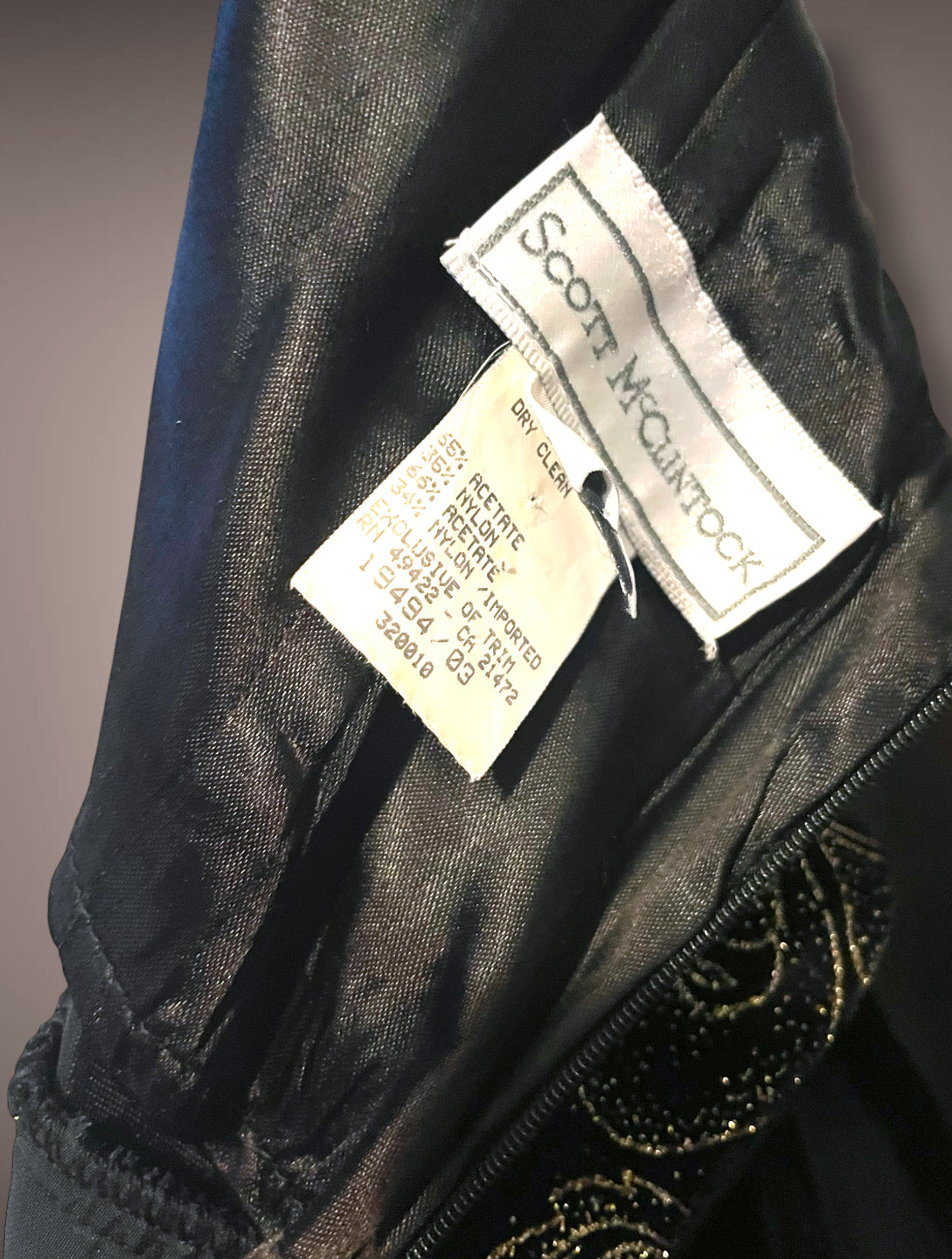 Vintage 1990’s Scott McLintock Black Velvet Maxi Pencil Halter Dress with Gold Glitter Damask Pattern