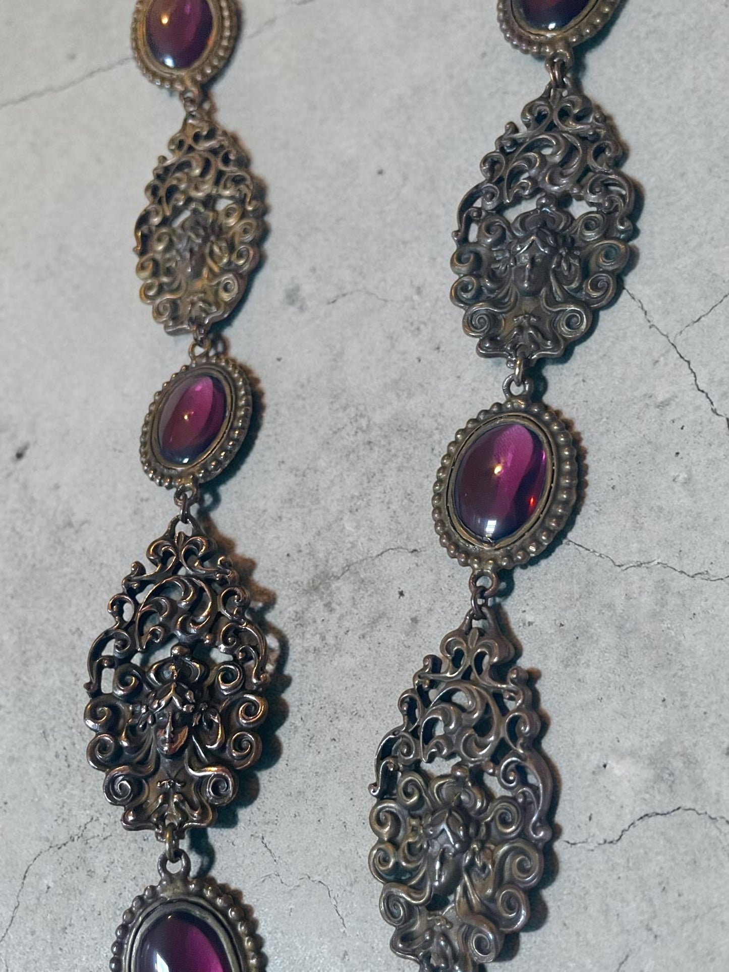 Art Nouveau Woman’s Face Flowing Hair Brass Purple Art Glass Long Necklace