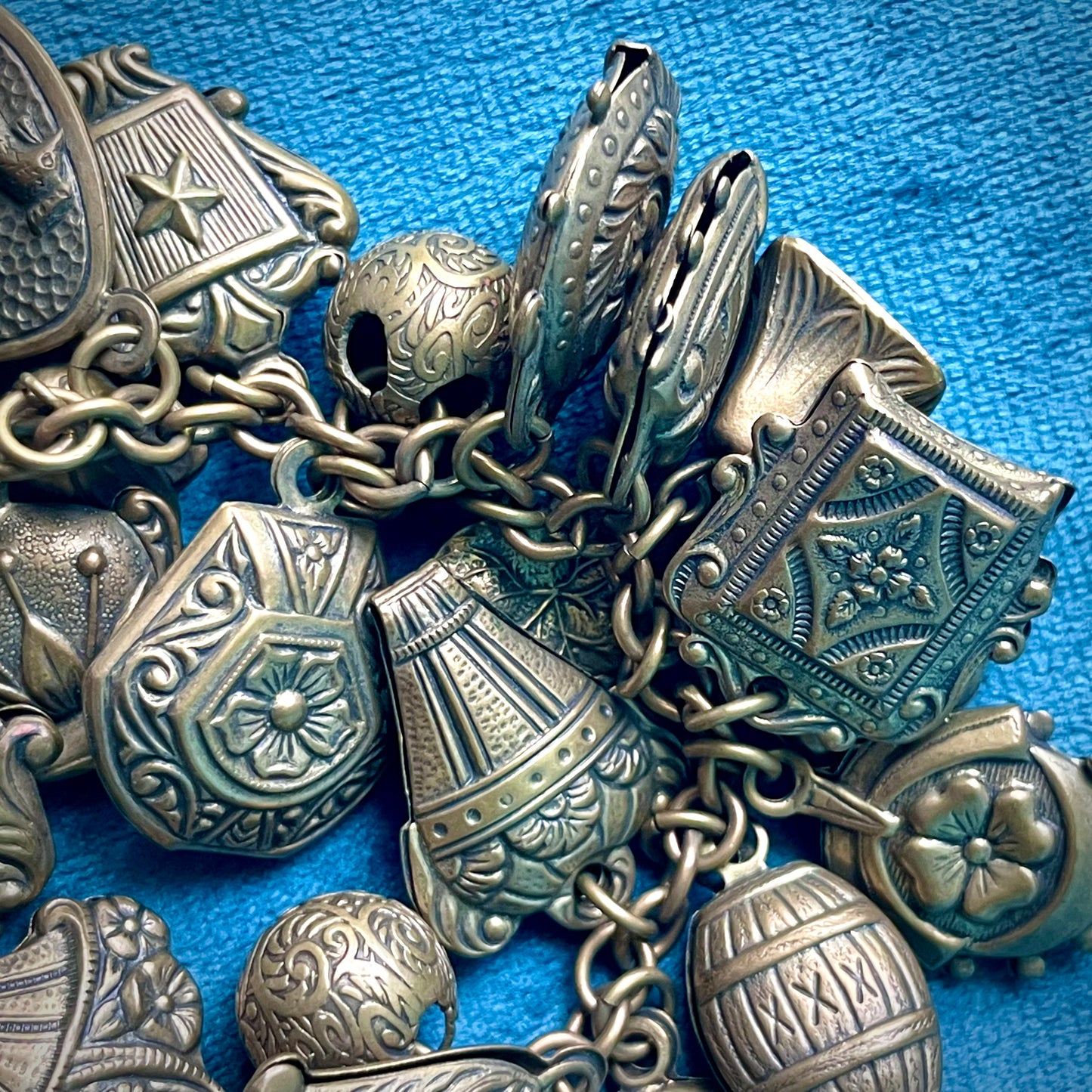 Amazing Art Nouveau Brass Puffy Charm Bracelet: Faces, Moon, Owl, Lucky 7, Bells, Flower & more!