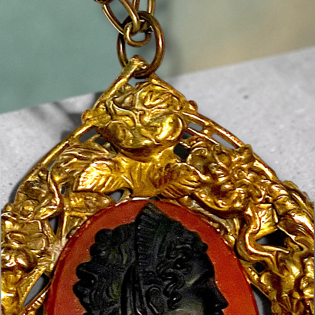 Huge Red & Black Art Glass Cameo Gilded Brass Repoussé Art Nouveau Floral Frame Pendant Necklace